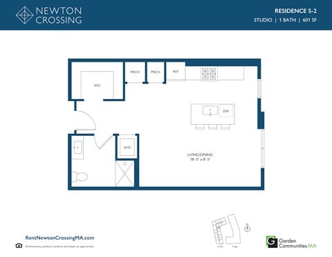 Floor plan for studio, 1 bath, 601 sqft